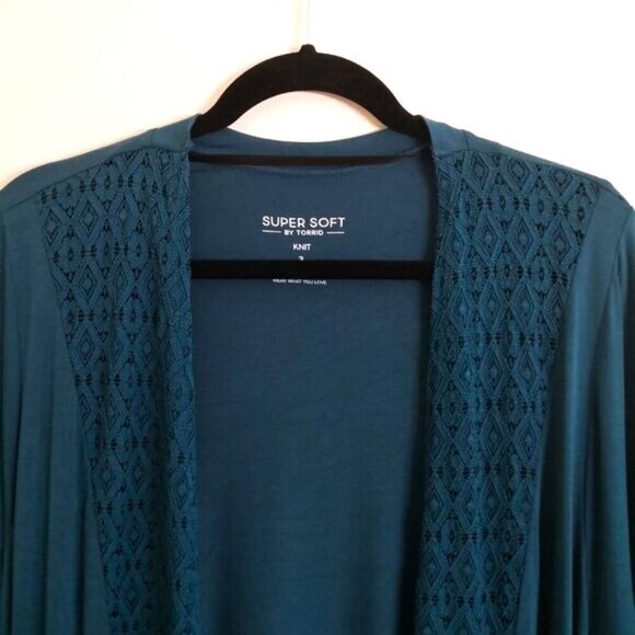 Torrid Super Soft  3/4 Sleeve Lace Trim Open Front Duster Cardigan Teal Green 3X - Picture 2 of 6